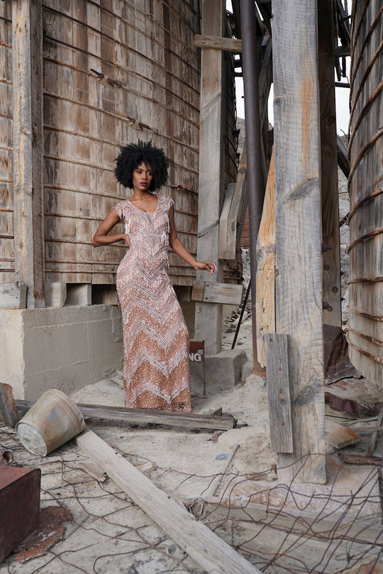 Colors Dress - J110 Fully Beaded Deep V-neck Fitted Dress In Pink and Gold