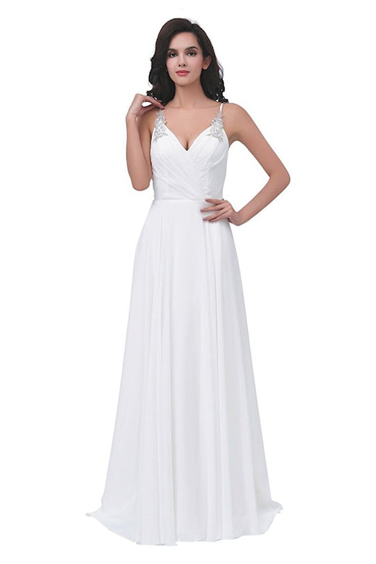 Jadore - J11315 Jewel Appliqued Surplice Bodice A-Line Dress In White