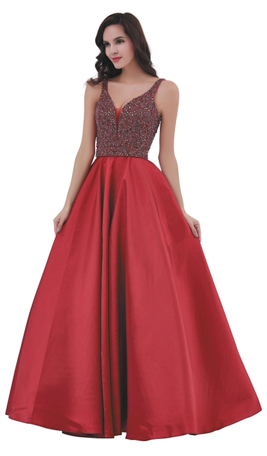 Jadore - J11321 Beaded Deep V-neck Mikado A-line Dress In Red