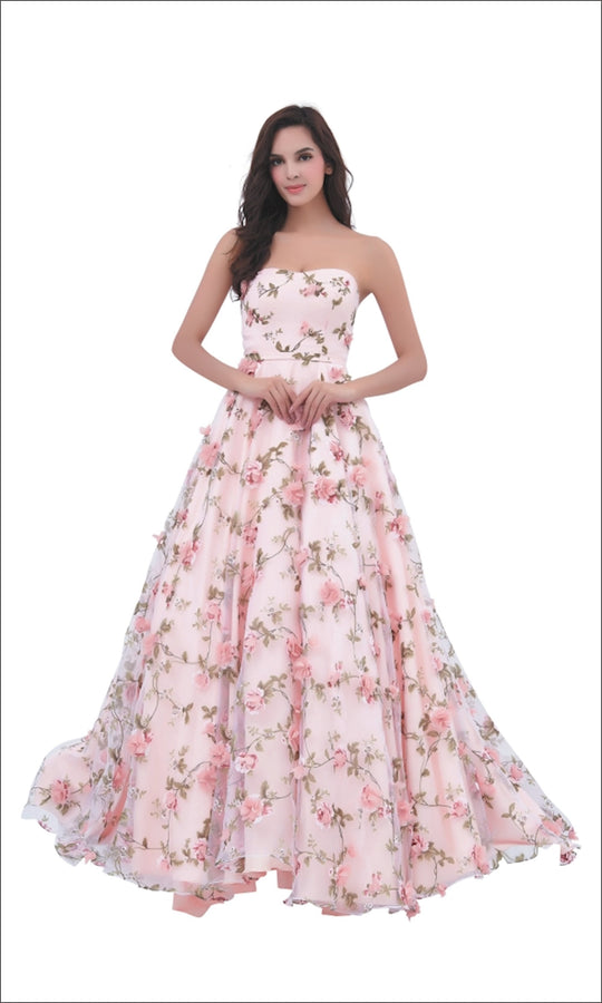 Jadore - J11343 Floral Print Strapless Embroidered Tulle Ballgown In Pink