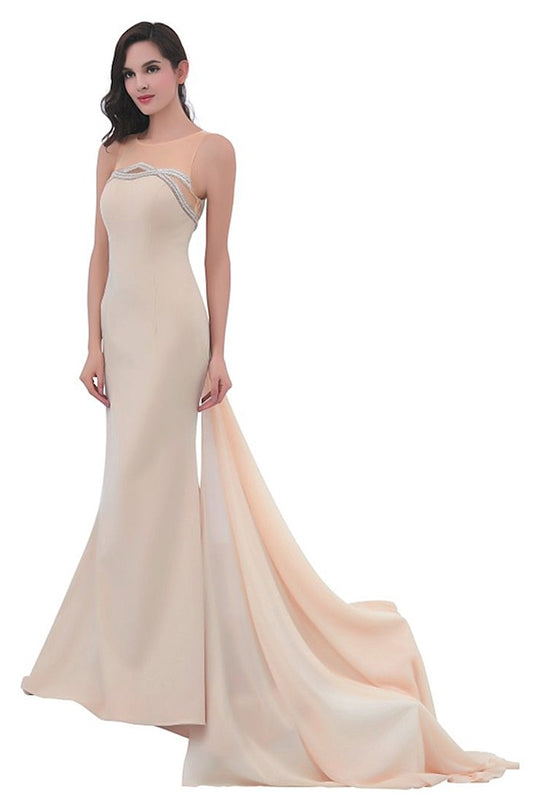 Jadore - J11349 Illusion Jewel Back Paneled Long Gown In Neutral and Pink