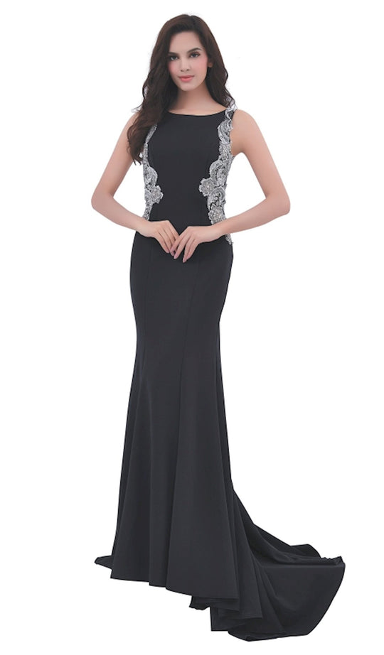 Jadore - J11351 Lace Applique Bateau Trumpet Dress In Black