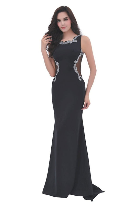 Jadore - J11353 Swirl Beaded Illusion Cutout Long Gown In Black