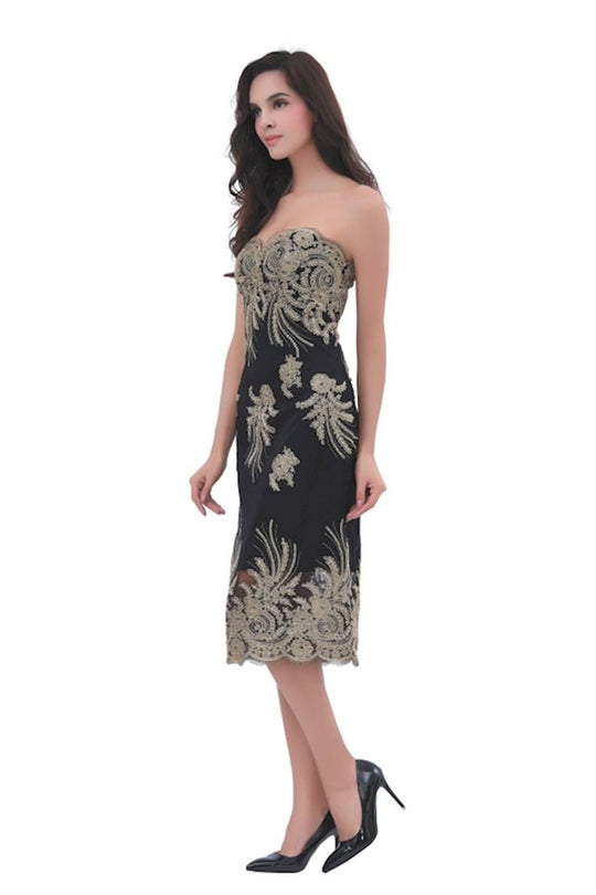 Jadore - J11358 Knee Length Contrasting Appliqued Sheath Dress In Black and Gold