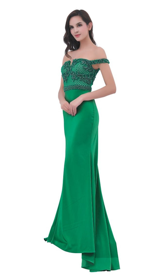 Jadore - J11359 Off Shoulder Lattice Accent Evening Gown In Green
