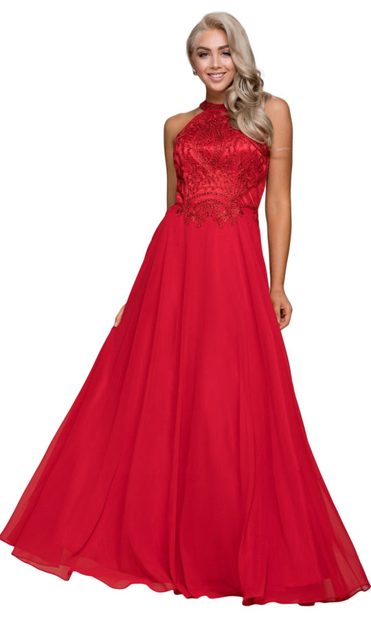 Nox Anabel - J117P Embroidered High Halter Chiffon A-line Dress In Red