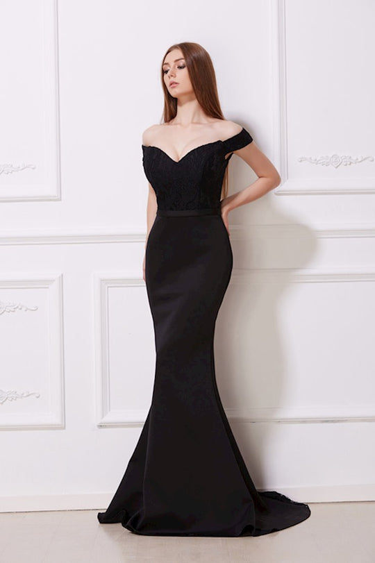 Jadore - J12001 Off Shoulder Lace Bodice Trumpet Gown In Black