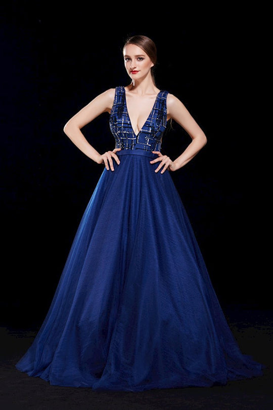 Jadore - J12003 Sequined Plunging V-Neck Ballgown In Blue