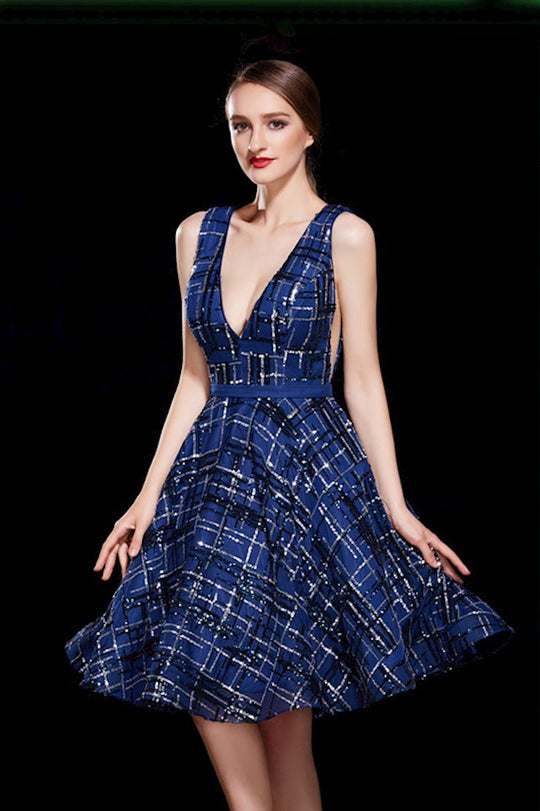 Jadore - J12004 Sequined Plunging V-Neck A-Line Dress In Blue