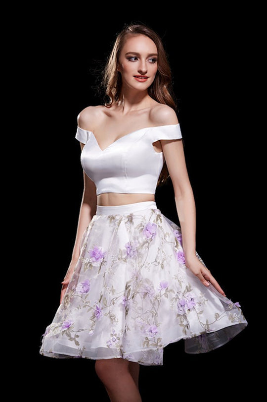 Jadore - J12007 Two-Piece Off Shoulder Floral Embroidered Short Dress In White and Purple