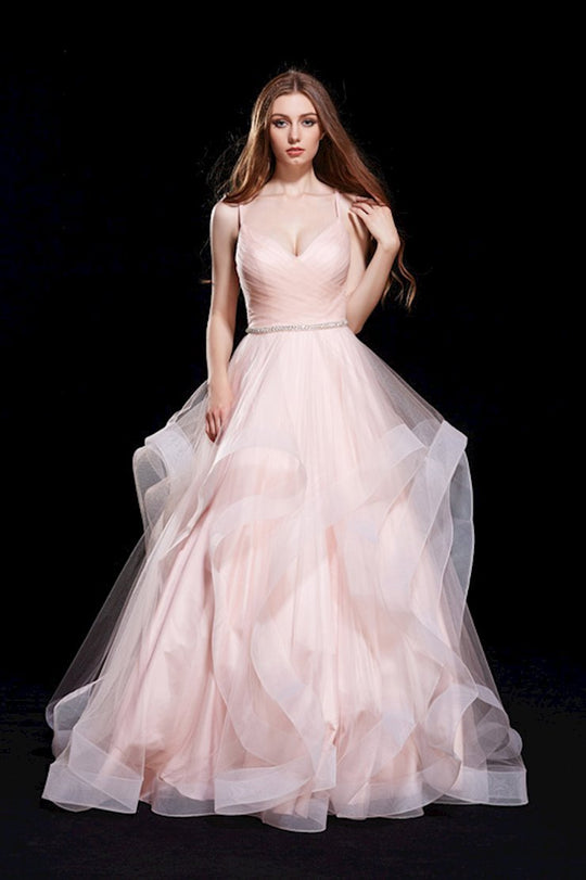 Jadore - J12008 Surplice Bodice Cascade Trimmed Ballgown In Pink