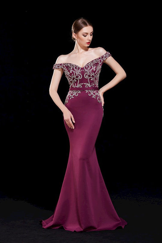 Jadore - J12009 Beaded Off Shoulder Long Mermaid Gown In Red