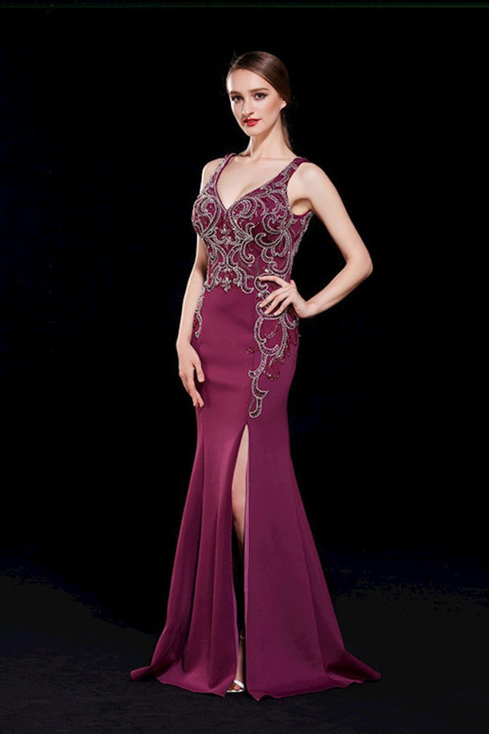Jadore - J12010 Swirl Motif High Slit Mermaid Gown In Red