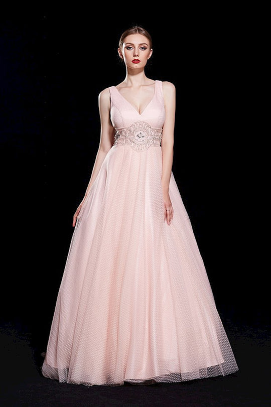 Jadore - J12011 Sleeveless Crystal Embellished Empire Ballgown In Pink