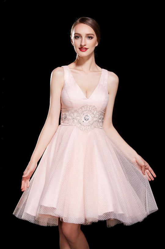 Jadore - J12012 Sleeveless Bead Adorned Empire A-Line Dress In Pink