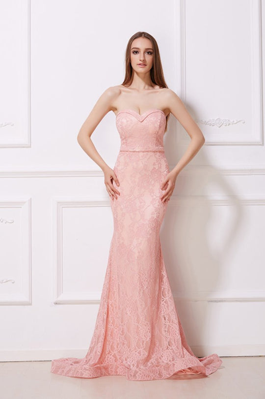 Jadore - J12014 Strapless Fold-Trimmed Long Lace Gown In Pink