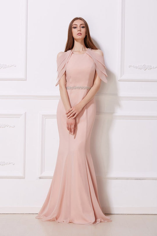 Jadore - J12019 Draped Cold Shoulder Long Mermaid Gown In Pink