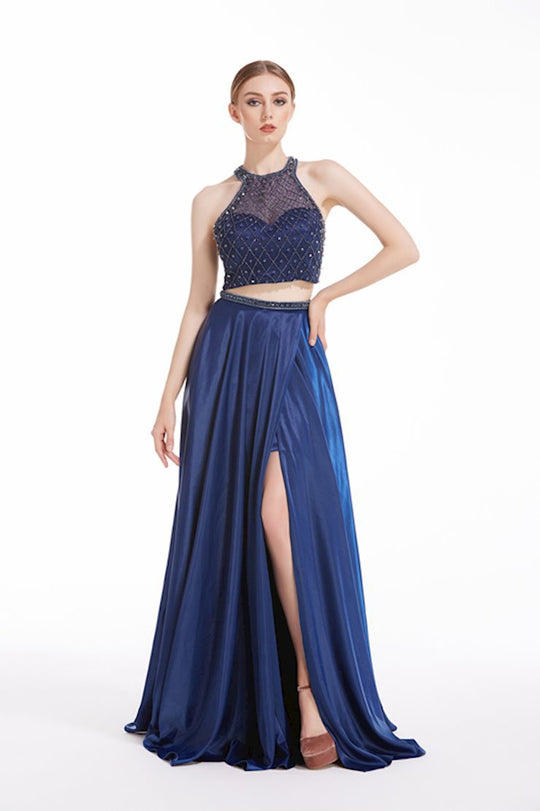 Jadore - J12020 Two-Piece Beaded Illusion Halter High Slit Gown In Blue