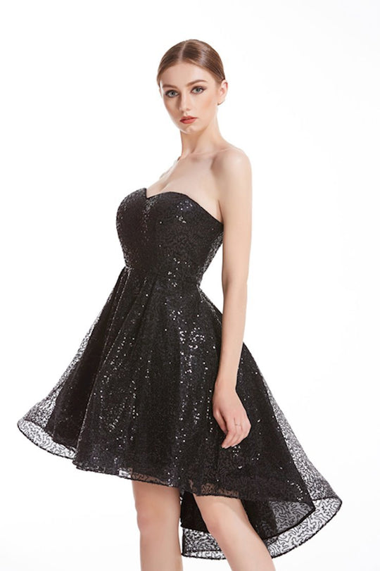 Jadore - J12023 Sequined Sweetheart Bodice High Low Dress In Black