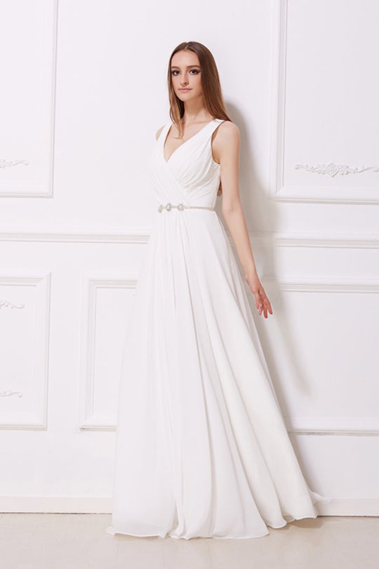 Jadore - J12027 Ruched Bodice Jeweled Waist Dress In White