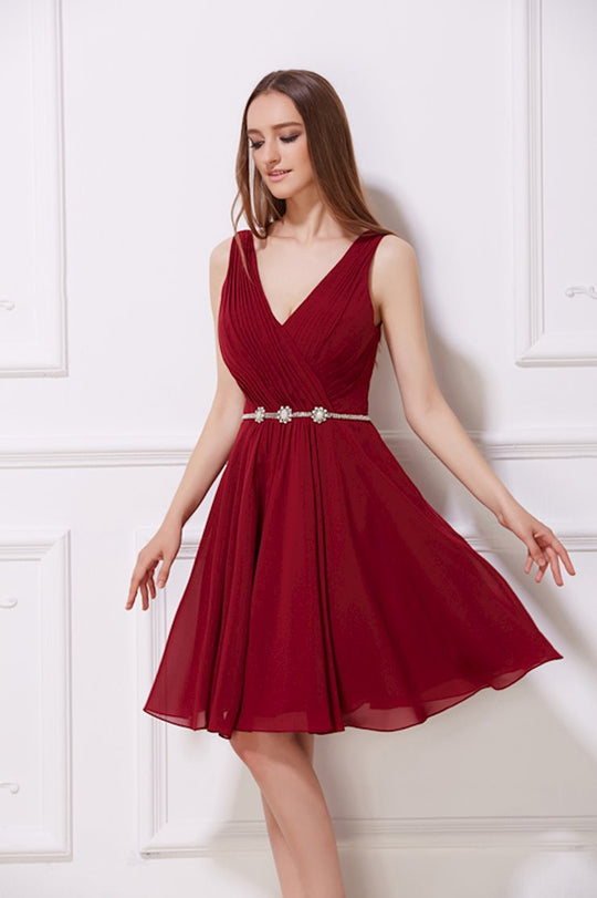 Jadore - J12028 Knee Length Ruched Bodice Jeweled Dress In Red