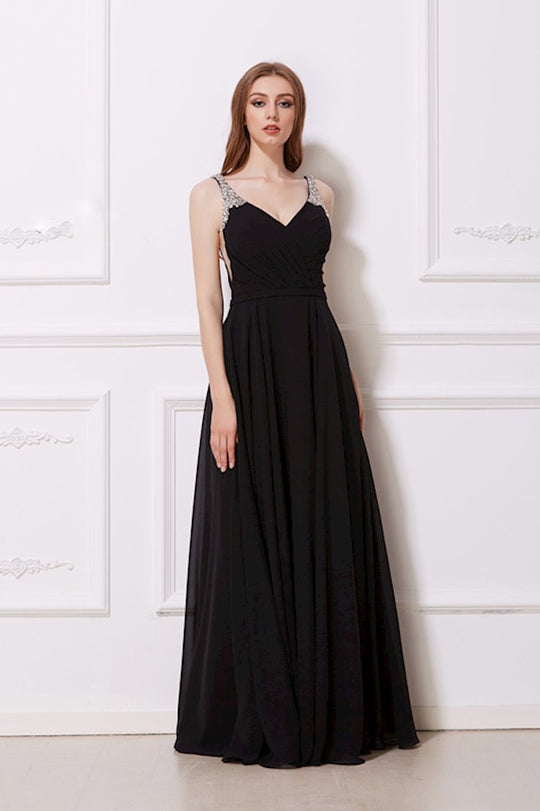Jadore - J12033 Jewel Garlanded Back Long Chiffon Gown In Black