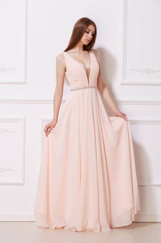 Jadore - J12041 Ruched Plunging V-Neck A-Line Dress In Pink