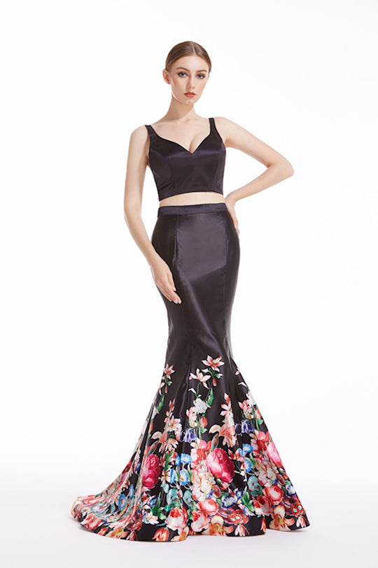 Jadore - J12046 Two Piece Floral Print Mermaid Dress In Black