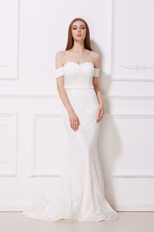 Jadore - J12051 Off-Shoulder Lace Mermaid Evening Dress In White
