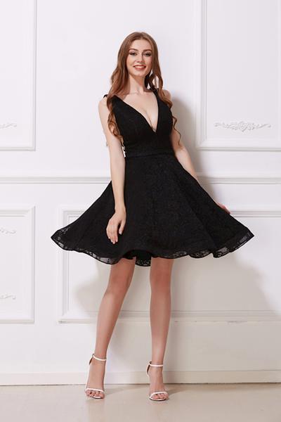 Jadore - J12053 Lace Deep V-neck A-line Cocktail Dress In Black