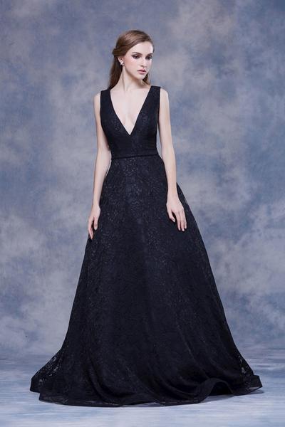 Jadore - J12053L Lace Deep V-neck A-line Dress In Black