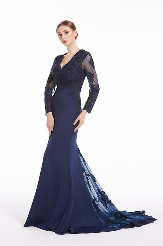 Jadore - J12064 Lace Embellished V-Neck Mermaid Gown In Blue