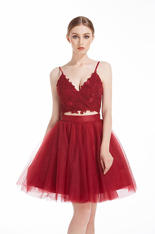 Jadore - J12065 Two Piece Embroidered V-Neck Cocktail Dress In Red