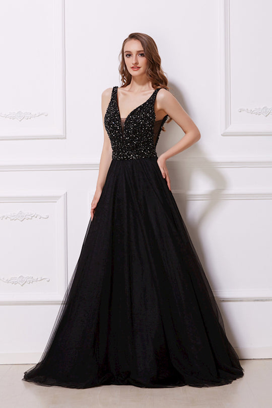 Jadore - J12066 Beaded Deep V-neck Tulle Ballgown In Black