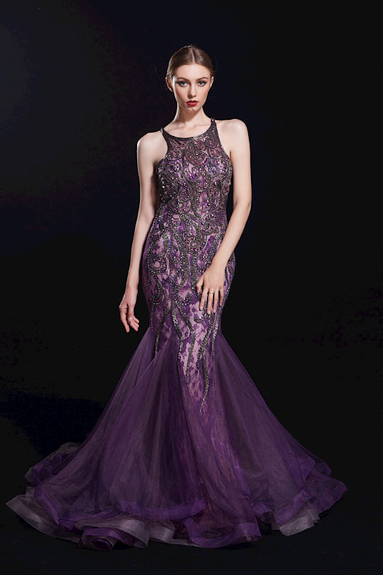 Jadore - J12067 Embellished Halter Tulle Mermaid Dress In Purple