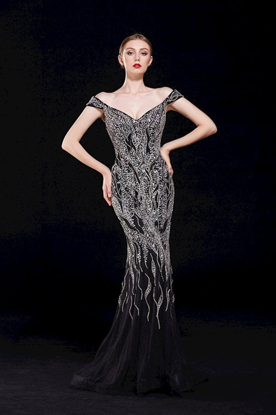 Jadore - J12068 Beaded Off-Shoulder Tulle Mermaid Gown In Black