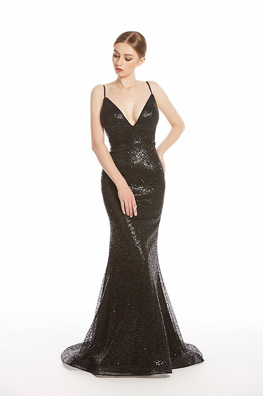 Jadore - J12069 Sequined V-Neck Mermaid Evening Gown In Black