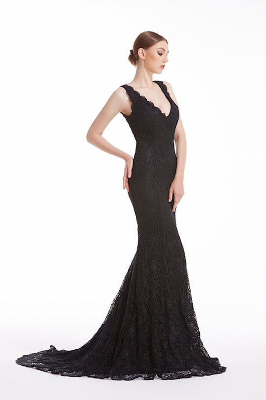 Jadore - J12070 V-Neck Lace Mermaid Evening Dress In Black