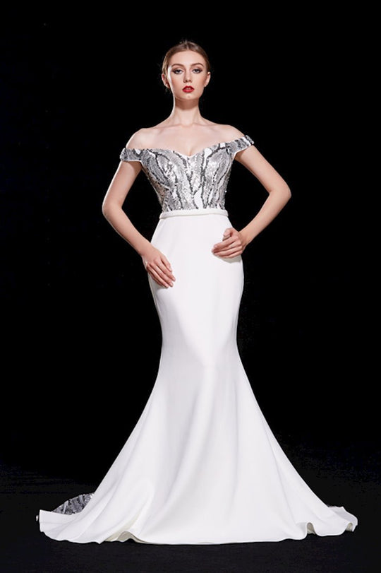 Jadore - J12071 Sequined Off-Shoulder Mermaid Gown In White