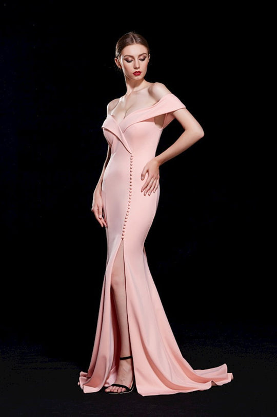 Jadore - J12076 Off-Shoulder Mermaid Dress with Slit In Pink