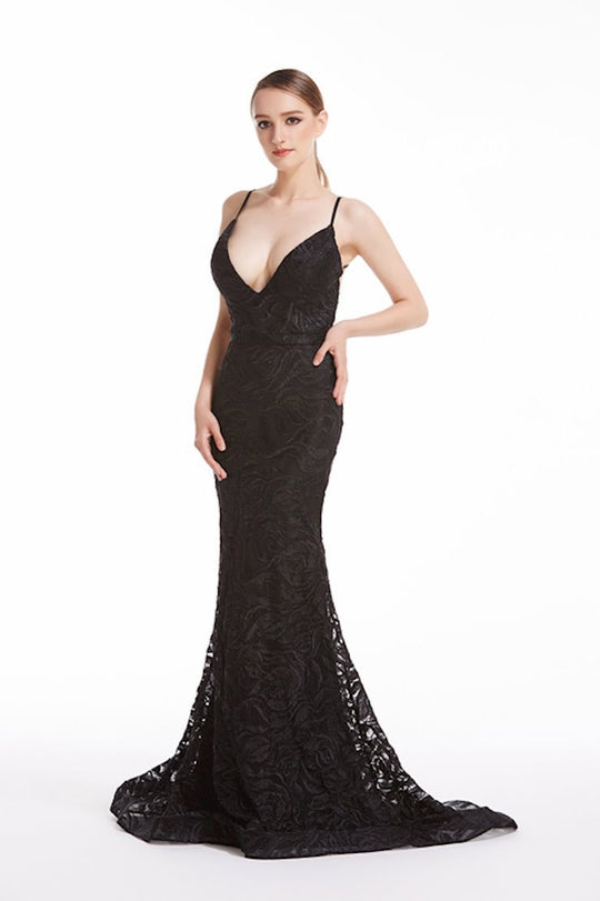 Jadore - J12082 Plunging V-Neck Open Back Mermaid Gown In Black