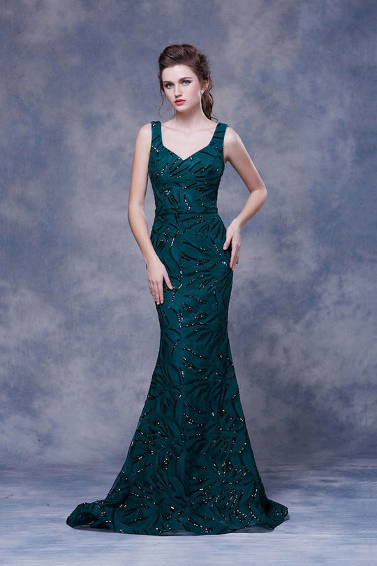 Jadore - J13054 Sequined V-Neck Mermaid Evening Dress In Green
