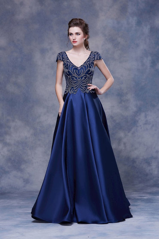 Jadore - J13069 Beaded V-Neck Evening Gown In Blue