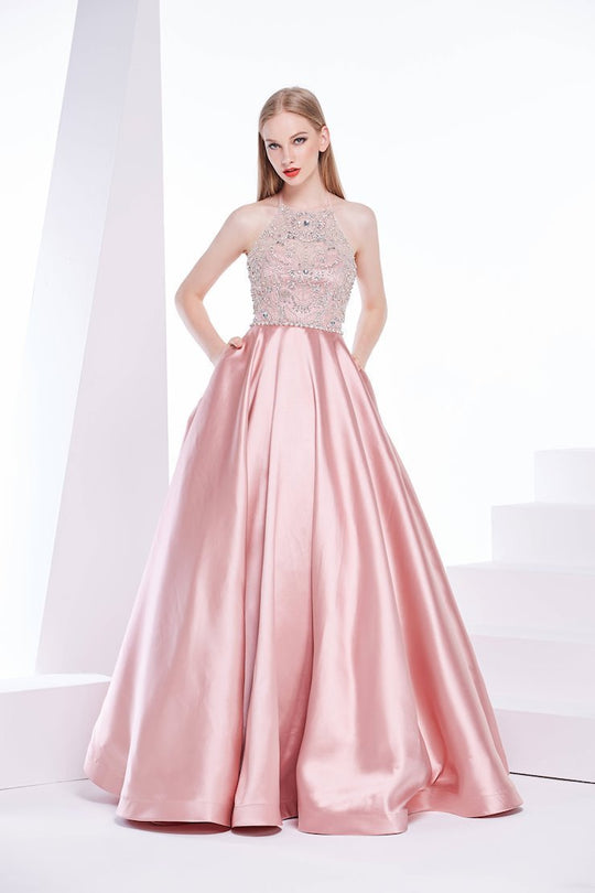 Jadore - J14024 Beaded Halter Evening Gown In Pink