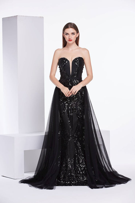 Jadore - J14026 Sequin Embellished Dress with Sheer Train In Black