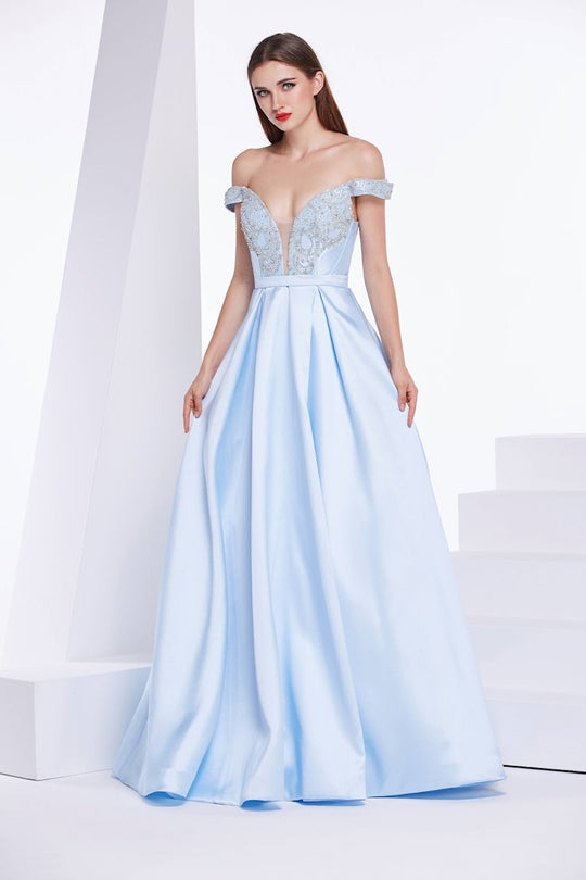 Jadore - J14034 Beaded Off-Shoulder A-Line Gown In Blue