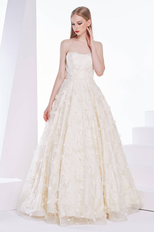 Jadore - J14035 Embellished Plunging V-neck Mikado A-line Dress In Nude