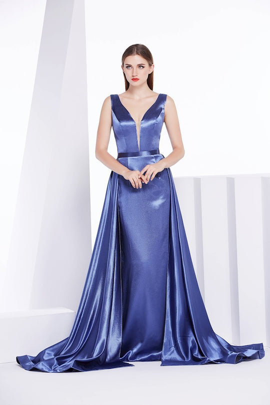 Jadore - J14040 Plunging V-Neck Pleated Evening Gown In Blue