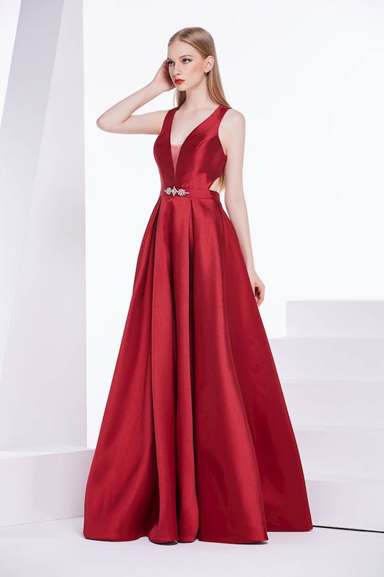 Jadore - J14043 Plunging V-Neck Cutout A-Line Gown In Red