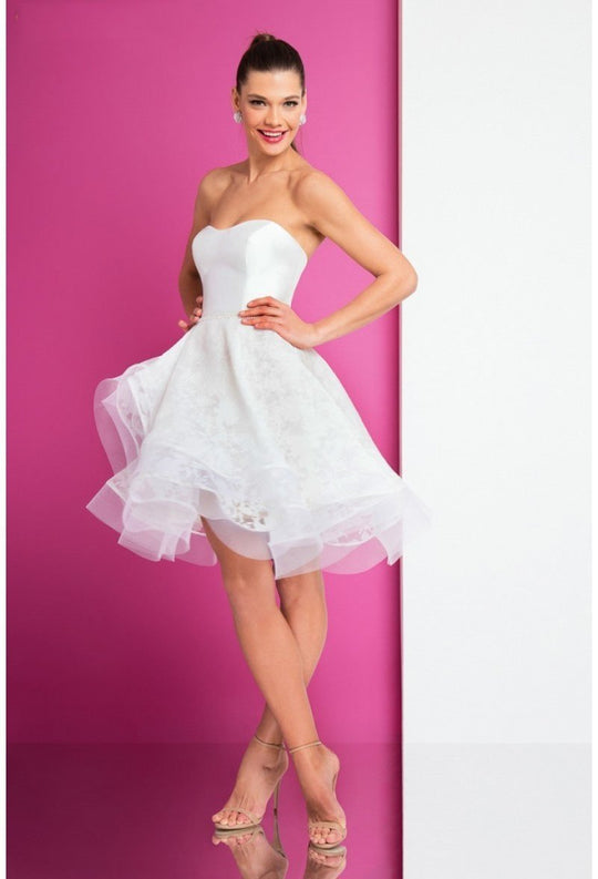 Terani Couture - 1721H4684 Strapless Ruffles Organza Cocktail Dress in White and Neutral